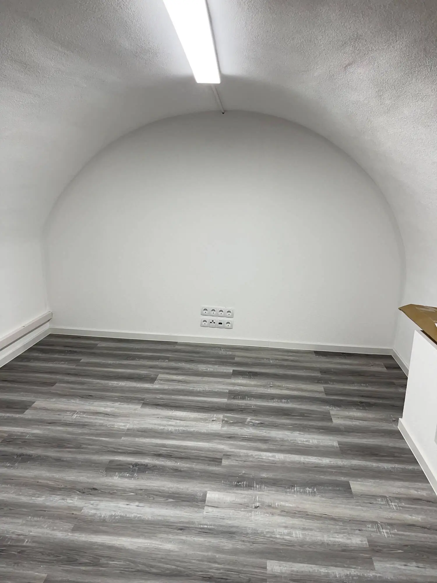 kellergewölbe renoviert mit weissen wänden neuen steckdosen lampen und grauer boden in holzoptik
